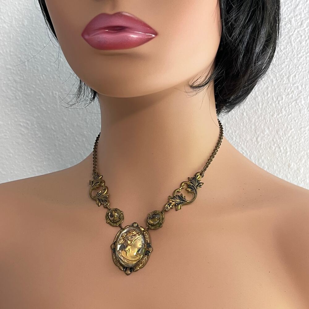 Vintage Victorian Revival Molded Glass Cameo Filigree Necklace